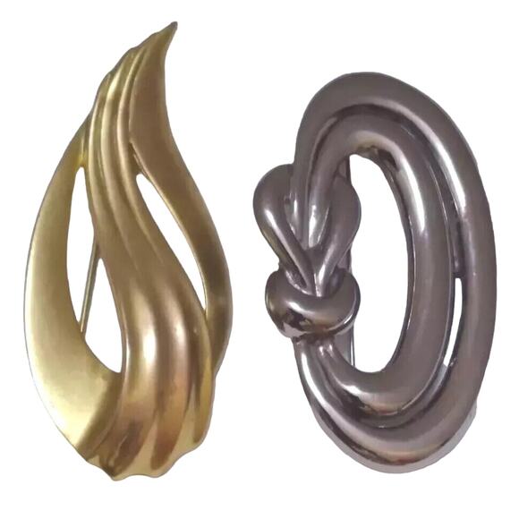 Vintage Two M Jent Brooches Large Silvertone Bow Like Goldtone Leaf Like Designs - Picture 1 of 8